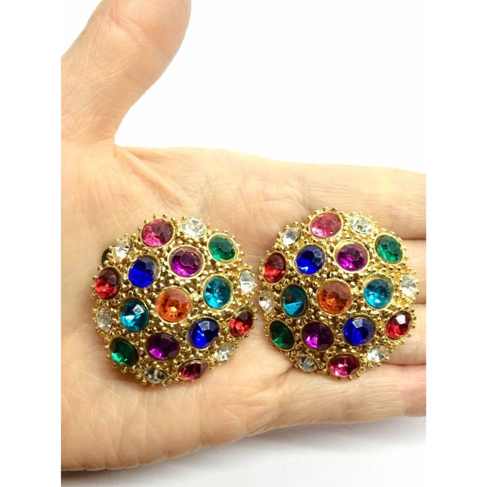 VINTAGE GOLD TONE Earrings Multicolor Rhinestone Gold Tone Clip On Statement 80s